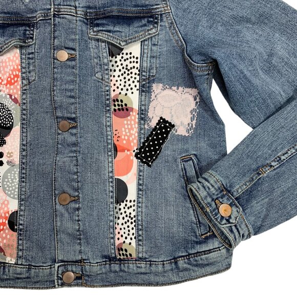 Wonder Nation Denim Jacket Pink Black Lace Polka Dot Pearl Heart Trucker XXL - Picture 4 of 13